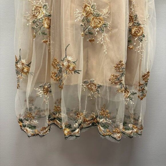 Maizishule Beige Floral Embroidered Midi Dress | Boho Sheer Long Sleeve Size L - Picture 8 of 16